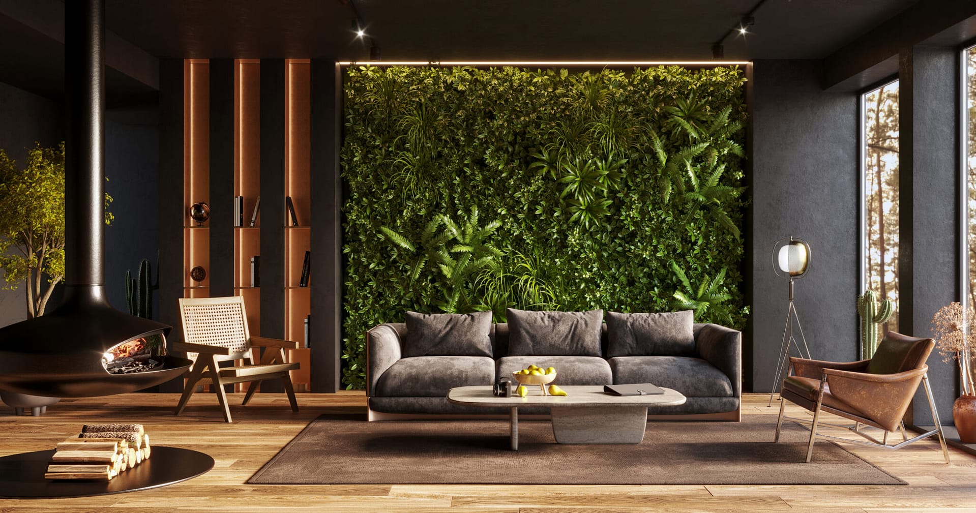 Vertical green wall in a modern living room interior.